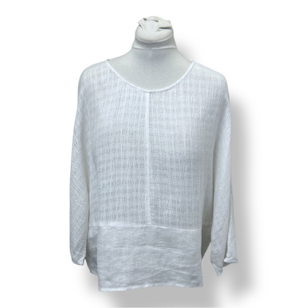 Tahari Women’s 3/4 Sleeve Scoop Neck Blouse Linen Blend Gauzy Semi-Sheer White M